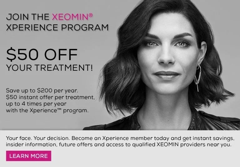 Advertisement for XEOMIN® with a $200 discount on treatment.